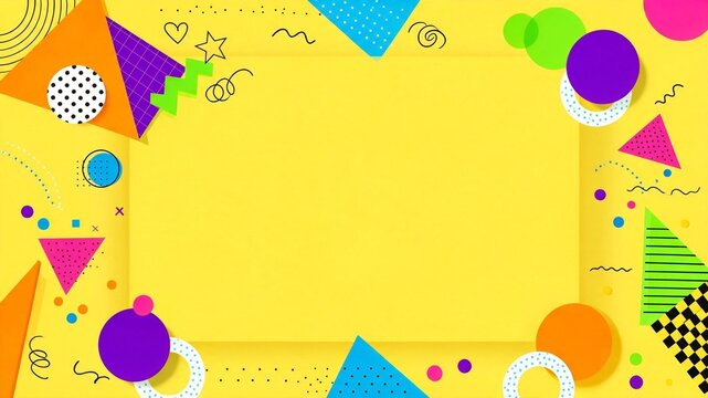 Vibrant Retro 80s 90s Style Abstract Geometric Border and Frame on Bright Yellow Background. Playful Colorful Design Elements.