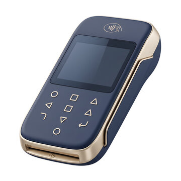 Modern blue and gold mobile payment terminal on neutral background