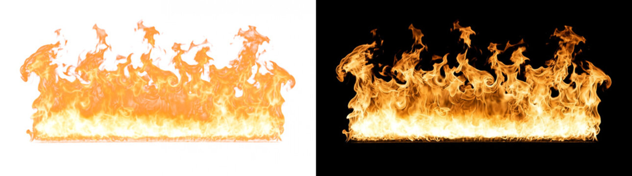 Horizontal Slot Burner Flame Wall with Blazing Amber Tongues and White-Hot Core, Fiery Transparent PNG Overlay for Compositing