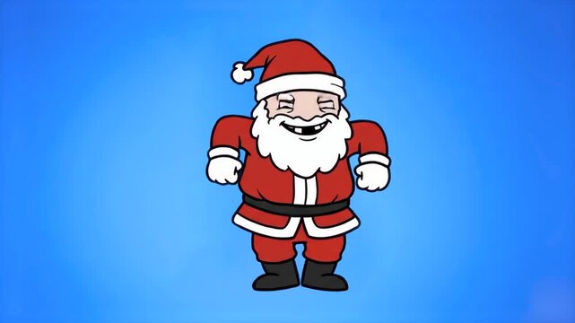 A happy cartoon Santa Claus in a classic red outfit dancing joyfully against a bright blue sky background. Great for holiday greetings, Christmas party promos, seasonal commercial intros, and festive 