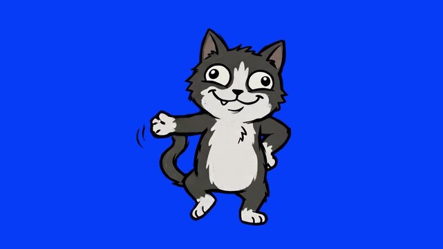 A happy 2D cartoon black and white cat dancing and stepping to the rhythm against a solid blue keying background. Ideal for children's storytelling, musical animations, and funny video content.