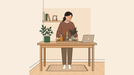 Fototapeta premium A young woman stands by her wooden desk organizing home decor items next to a laptop computer inside a cozy living room during daytime while working remotely from her comfortable residence