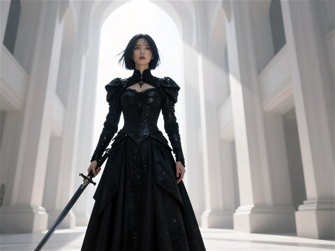 Dark fantasy female warrior holding longsword inside grand gothic archway