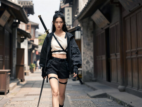 Asian warrior woman with katana sword walking in traditional asian street