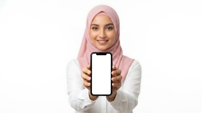 Smiling Woman in Hijab Holding Smartphone with Blank White Display