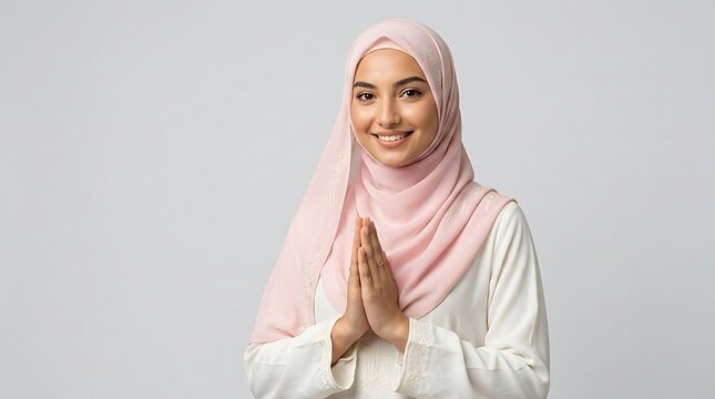 Young Muslim Woman Smiling with Hands Pressed Together in Greeting