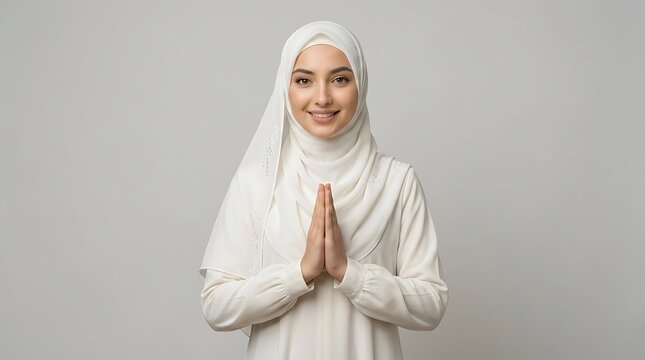 Smiling Muslim Woman Wearing White Hijab Greeting with Clasped Hands