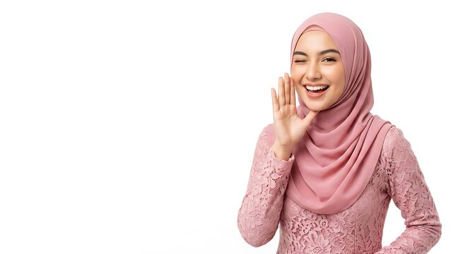 Smiling Woman in Pink Hijab Making a Secret Announcement Gesture