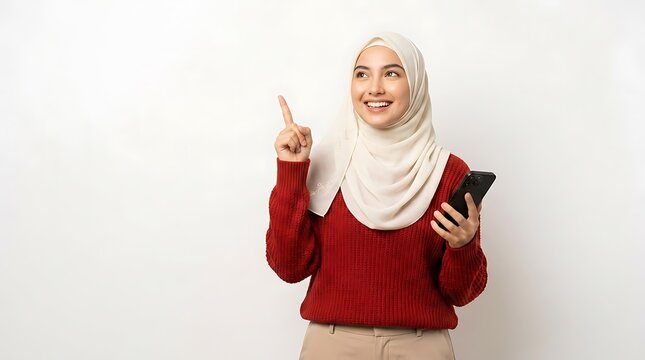 Young Smiling Muslim Woman Pointing Up While Holding Her Smartphone