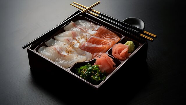 Fresh delicious sashimi bento box with salmon, raw fish, seaweed salad, and pickled ginger, served with chopsticks on a dark background