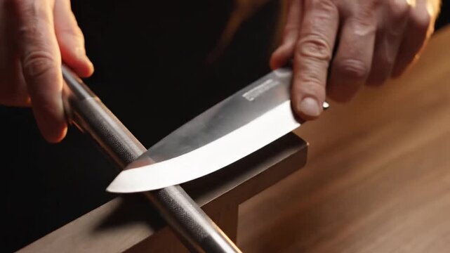 Close up of person's hands sharpening a kitchen knife with a steel rod indoors