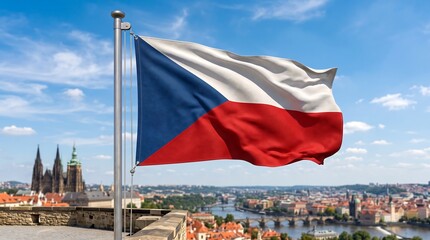 Czech Republic flag waving over Prague cityscape with St. Vitus Cathedral in background. © MdAriful