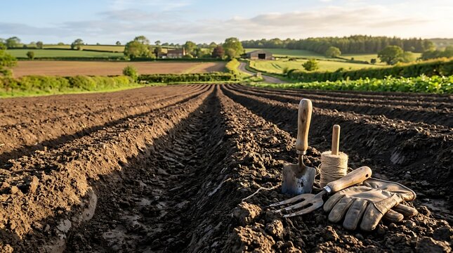 Cultivated farmland with gardening tools at sunrise, ready for planting season in the countryside