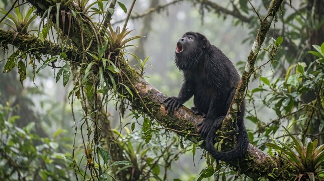 Black howler monkey calling loudly while perched on a tree branch in a green rainforest
