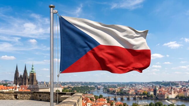 Czech Republic flag waving over Prague cityscape with St. Vitus Cathedral in background.