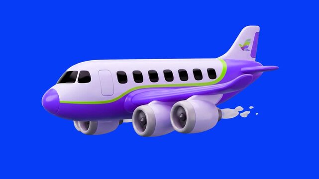 A cheerful 3D cartoon commercial airliner in white and purple flying sideways with jet engines emitting exhaust plumes over a vibrant blue background. Great for kids travel animations, vacation flight