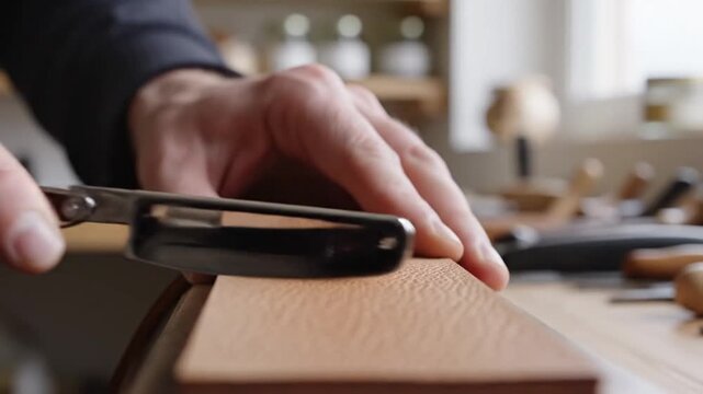 Craftsman honing a professional straight razor on a leather strop in a studio.