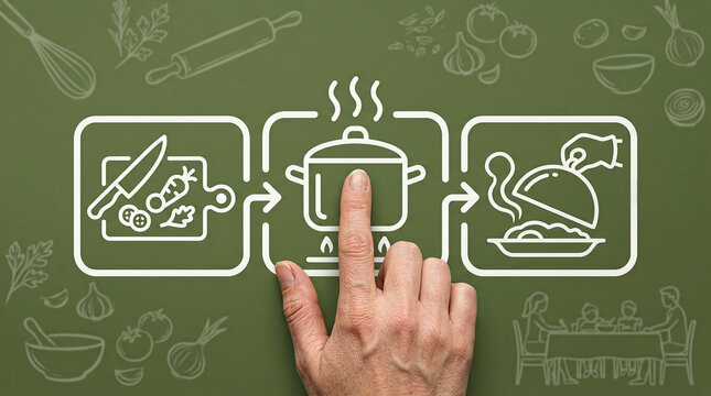 Human finger pointing at a culinary process icon flowchart showing food preparation cooking and serving on a green background with kitchen sketches.