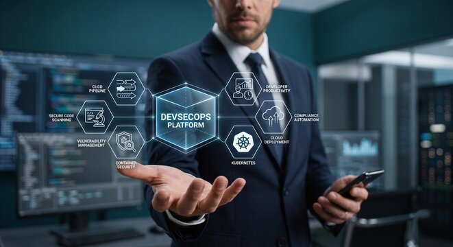 IT professional displaying a holographic DevSecOps platform and secure cloud deployment dashboard.