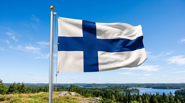 Finland flag waving on a flagpole against a clear blue sky and scenic forest landscape.