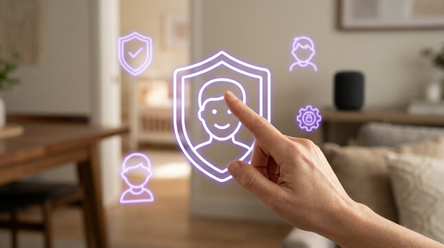 Hand Touching Digital Neon Shield Icon for Family Cyber Security and Data Protection in a Modern Smart Home Interior Setting with Blurred Background