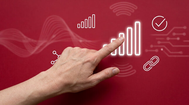 Business growth and connectivity concept with human hand touching digital bar chart and network icons on red background for technology analysis.