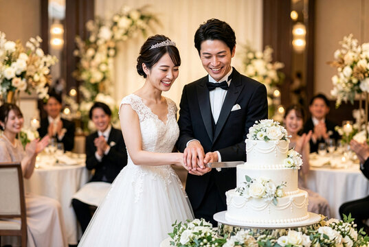 結婚披露宴で笑顔の新郎新婦がウエディングケーキに入刀する幸せなシーン