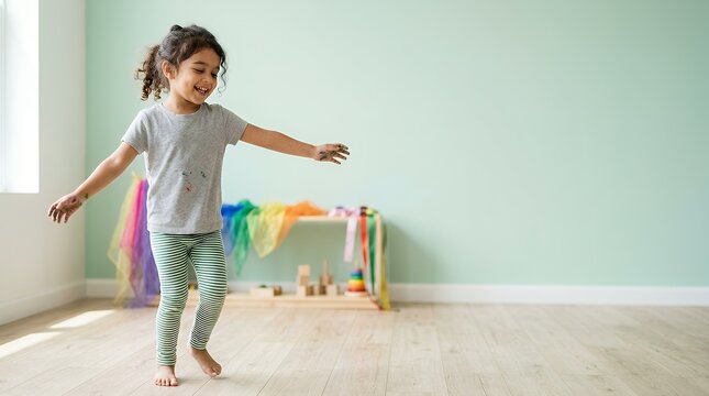 A happy young girl dancing and playing in a bright minimalist playroom.