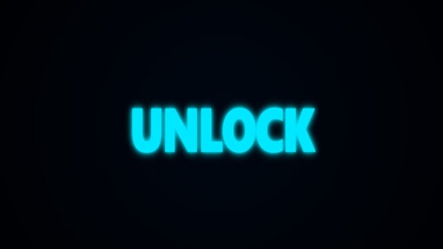 Futuristic neon blue glowing text with the word unlock on a dark background motion graphic