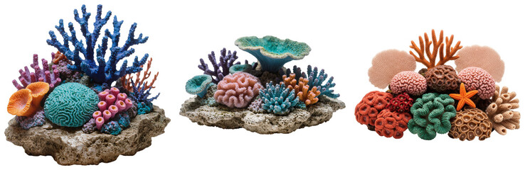 Three decorative coral reef arrangements with various colorful corals and a starfish, isolated on a white background. © Vu