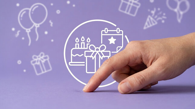 Creative concept of event management and birthday planning featuring a hand interacting with celebration icons on a purple studio backdrop.