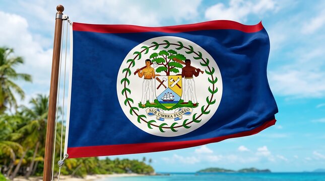 Belize flag waving against a tropical beach background with palm trees and blue sky.