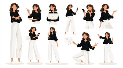 Obraz premium Set of business woman characters in various poses, professional female employee in black shirt and white trousers isolated on white background