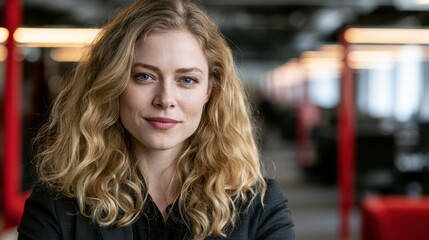 Fototapeta premium Portrait of a young professional woman with blonde wavy hair looking at the camera in a modern office environment