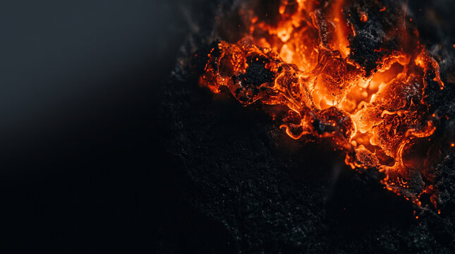 Thermal runaway in lithium battery showing intense orange flames and glowing embers, catastrophic failure and fire hazard, dark background with copy space