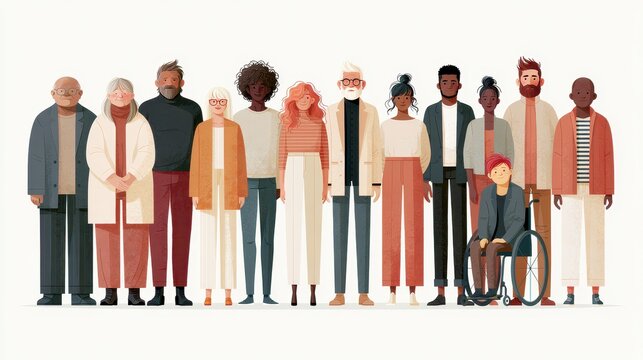 Diverse group of people standing together in a row, representing community and inclusion, flat illustration style