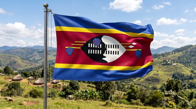 Eswatini flag waving in the wind against a scenic mountainous landscape and rural village.