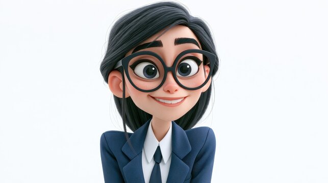 3d illustration of a smart young businesswoman with black hair and glasses wearing a blue suit, isolated on white background