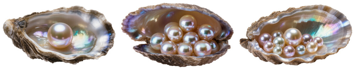 Three oyster shells with pearls inside, isolated on a white background © Vu