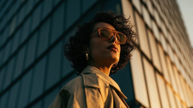 Portrait of a stylish woman with curly hair wearing sunglasses and a trench coat against a modern building