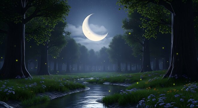 Crescent moon illuminates a serene forest landscape featuring a winding river flowing through grassy meadows with glowing magical fireflies