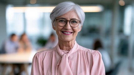 Obraz premium Portrait of a smiling mature businesswoman with grey hair and glasses in a modern office environment with blurred colleagues in the background