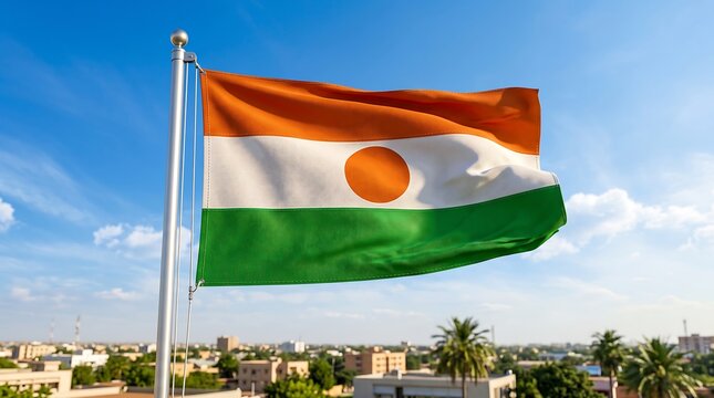 National flag of Niger waving in the wind against a clear blue sky background