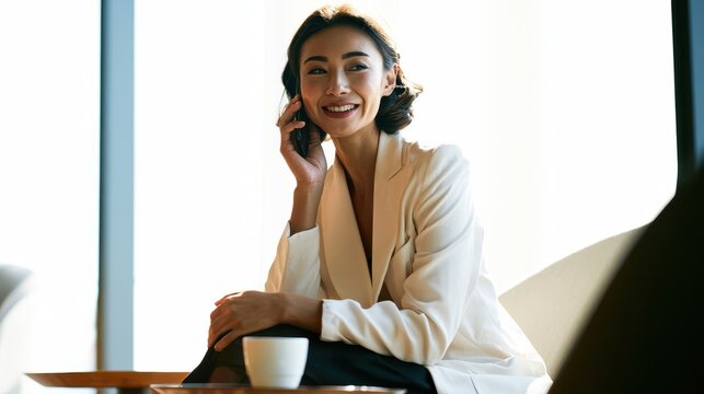 Professional asian businesswoman in a white blazer sitting in a bright office environment, smiling while talking on her mobile phone with a cup of coffee nearby