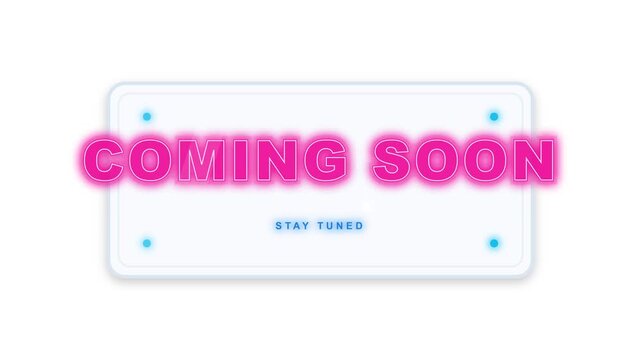 Coming soon digital animation interface featuring glowing neon pink text with blue motion video effect