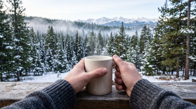 Person holding a warm mug of coffee on a snowy mountain balcony enjoying the winter landscape