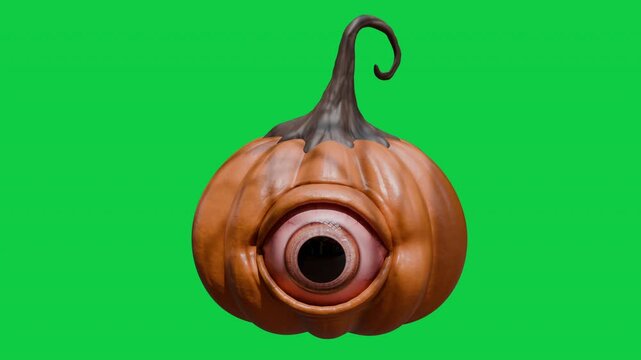 Creepy Halloween pumpkin with a large single blinking eyeball and curved twisted stem on solid black background, 4K 3D loop animation of spooky cyclops monster jack-o-lantern for horror events and Oct