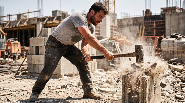 Construction worker demolishing concrete pillar with sledgehammer on a sunny day