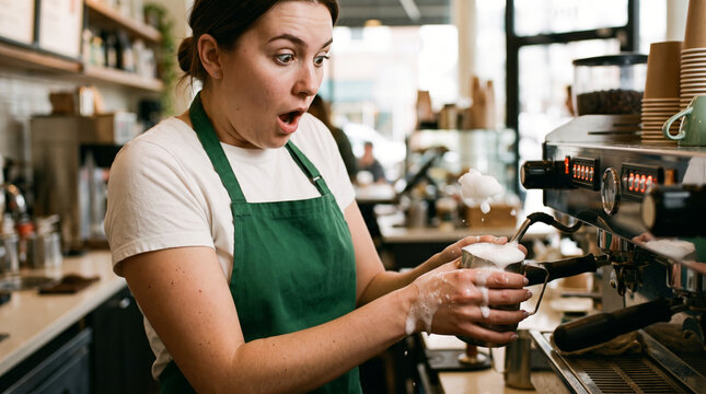 Barista Surprised by Foaming Milk Mishap While Making Coffee