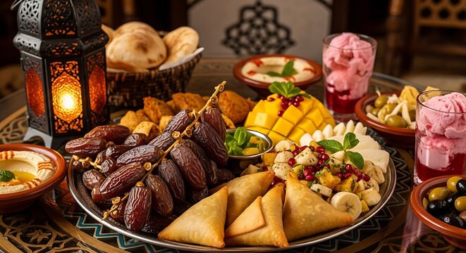 Ramadhan iftar dinner table featuring delicious dates, savory samosas, fresh mango, hummus dip, and traditional lantern in warm lighting